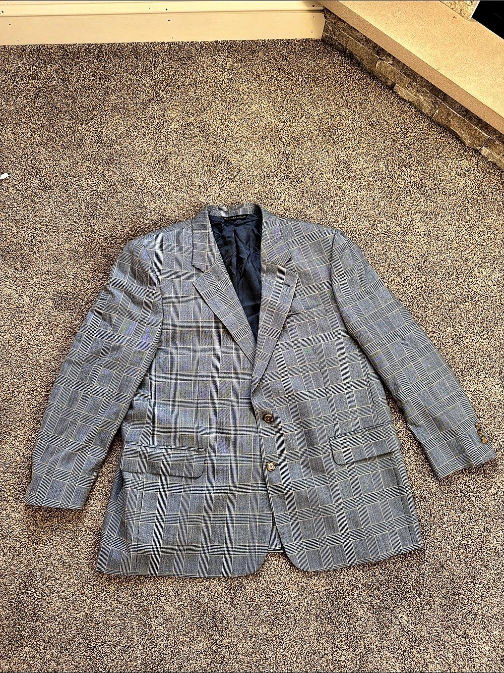 Fait au Jack Victor Super 120's Plaid Sport Coat in Blue & Gray Gold Mint Cond!